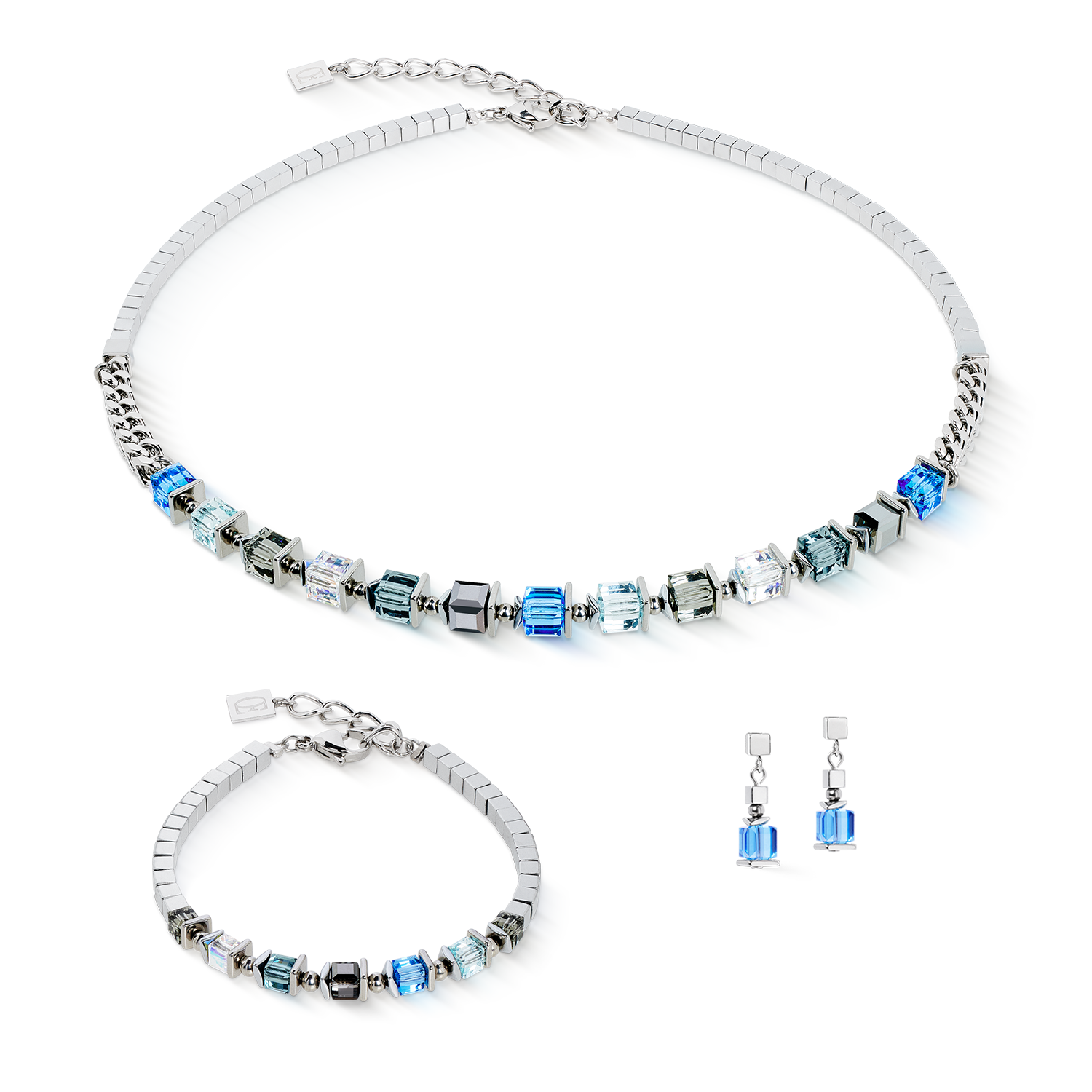 Boucles d'oreilles Sparkling Cubes Fusion Chain argent-bleu